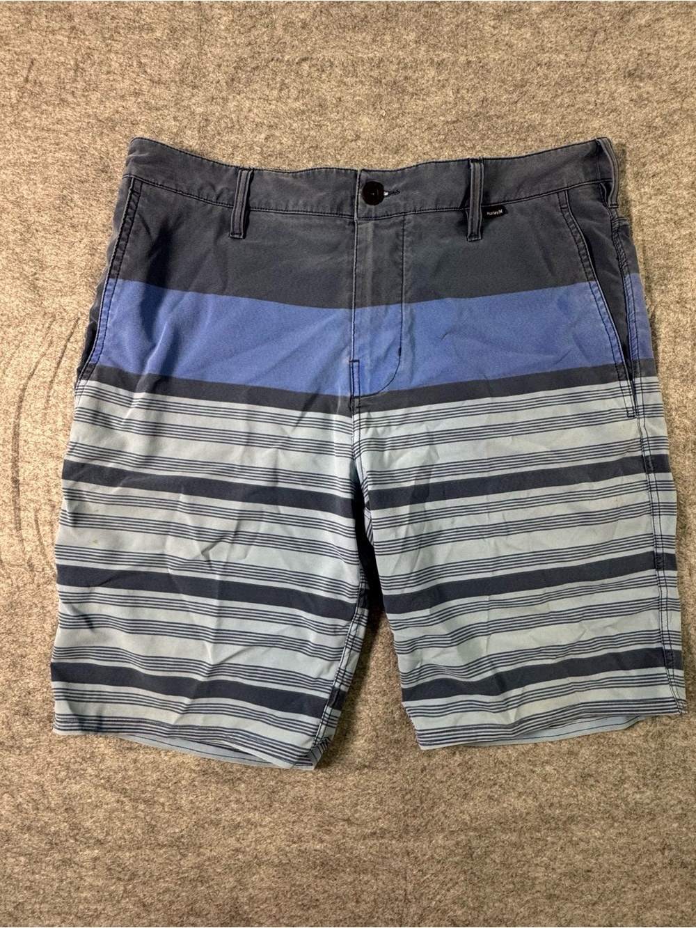 Hurley Men's Blue and Gray Striped Board Shorts